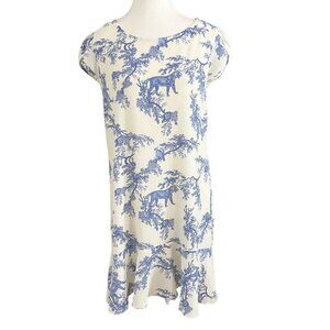 ESPECIA WHITE BLUE TIGER ASIAN GARDEN TULIP CAP SLEEVE RUFFLE SHIFT DRESS - M